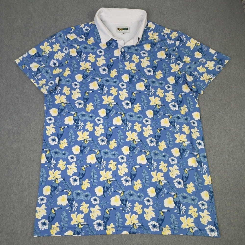 Tipsy Elves Toucan Floral Blue Stretch Polo Shirt Men's Size 3X‎ Golf Adventure